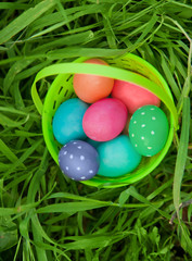 Plastic basket full of Easter eggs