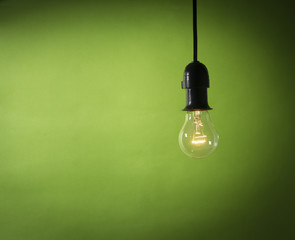 Old Light bulb Hanging on Green Background