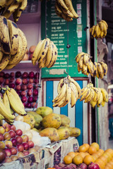 The street vendor sels his fruits and vegetables in Thamel in Ka