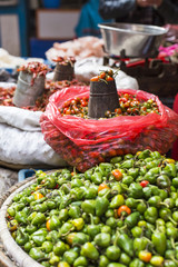 The street vendor sels his fruits and vegetables in Thamel in Ka