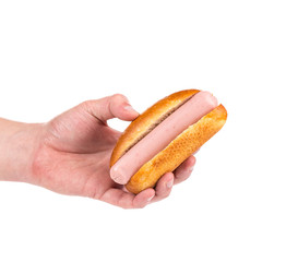 Hand holding hot dog.