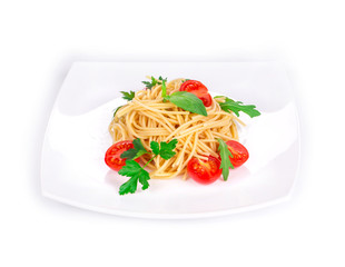 Spaghetti with tomato basil and cheese.