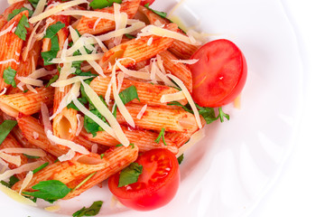 Spaghetti with tomato basil and cheese.