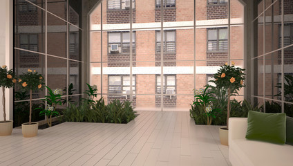 Fototapeta na wymiar Appartamento, attico con serra, rendering 3d, interior