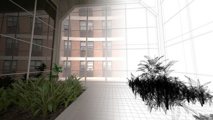 Appartamento, attico con serra, rendering 3d, interior