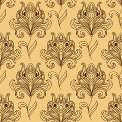 Brown paisley stylized flower seamless pattern