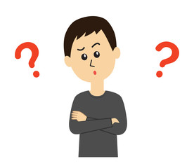 A young man crossing arms and thinking with question marks.