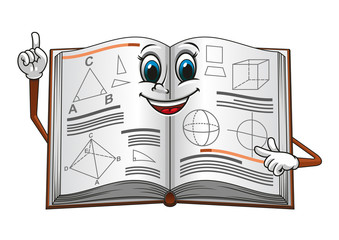 Open textbook with geometric shapes cartoon character