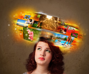 girl with colorful glowing photo memories concept