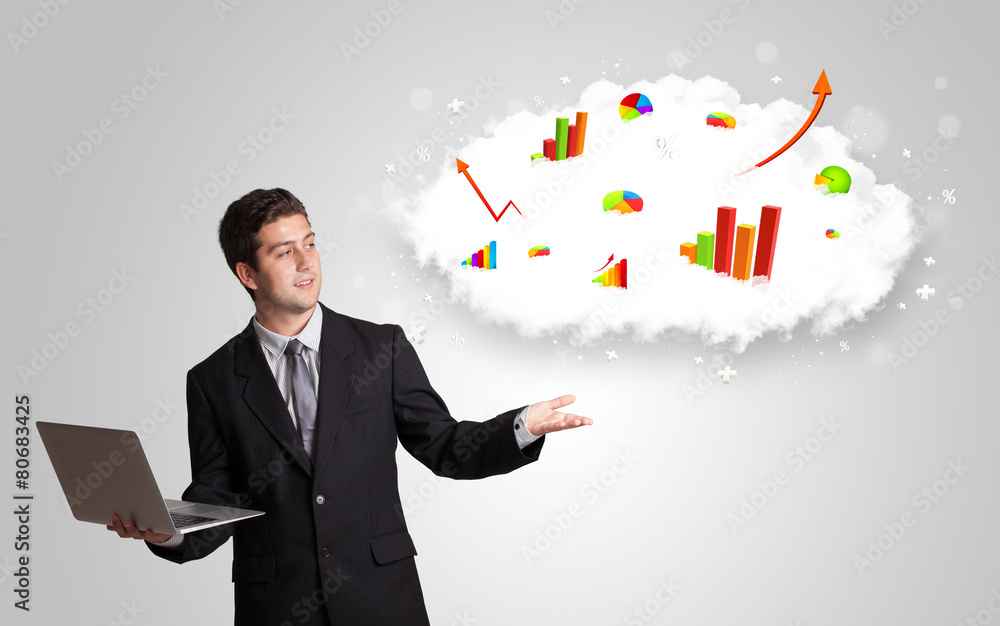 Poster young man presenting cloud with graphs and charts