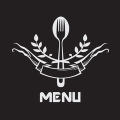 menu design with fork and spoon on black background