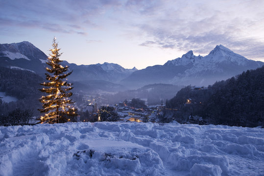 Christmas tree in Berchtesgaden in front of mount Watzmann