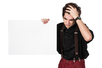 Young attractive male in a black shirt and red jeans with suspen