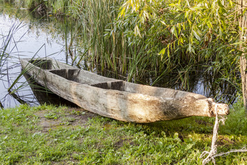 Old wooden canoe in Biskupin Museum - Poland.