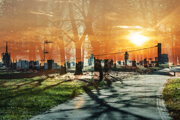 Double exposure of wood and cityscape sunset