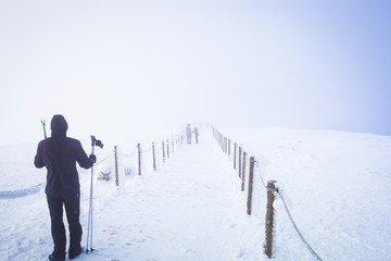 Beautiful mountain trail in mist