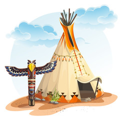 North American Indian tipi home with totem - obrazy, fototapety, plakaty