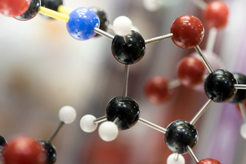 Molecular, DNA and atom model in science research lab