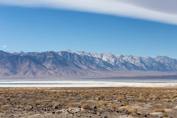 Saline Owens lake with Sierra Nevada mountains