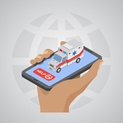 Ambulance car icon in the hand flat design isometric style, vect