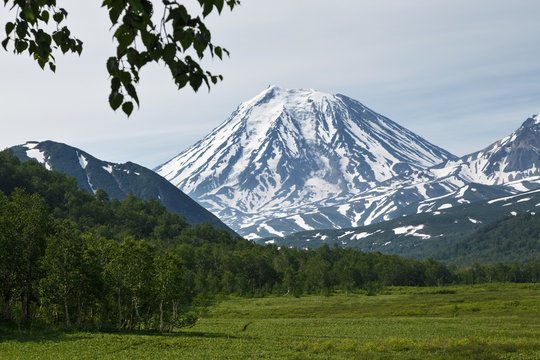 Summer view of Koriaksky Volcano - active volcano of Kamchatka