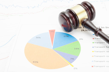 Wooden judge's gavel over colorful diagram