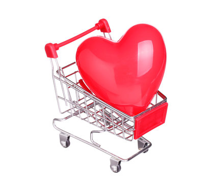 heart in shopping cart concept isolated on white background