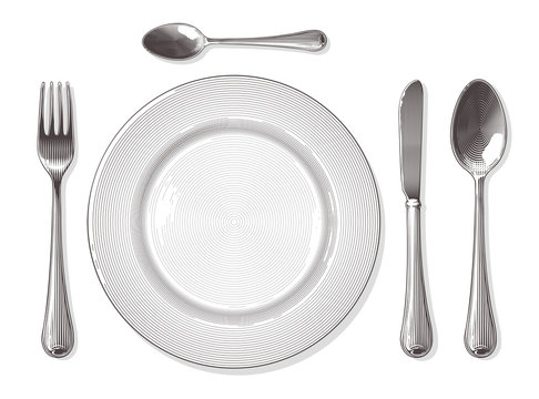 Fork,spoon, knife, plate in vintage engraving style