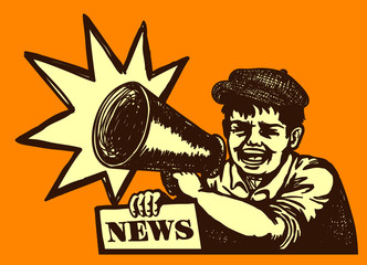 Retro newspaper vendor kid screaming news with megaphone