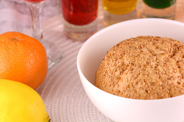 sweet cake on white plate and fruits