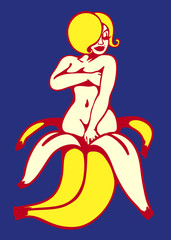 Naklejka premium Lady banita, sexy naked blond woman coming out of peeled banana