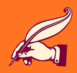 vintage hand holding feather pen quill writing vector