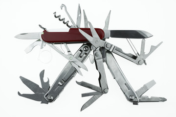 Pocket knife or Steel multi-function tools isolated on white