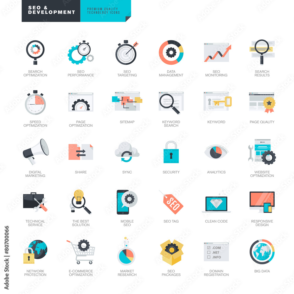 Poster set of modern flat design seo and website development icons