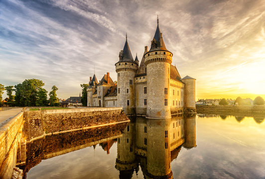Chateau of Sully-sur-Loire at sunset, France. Old castle in Loire Valley in summer.