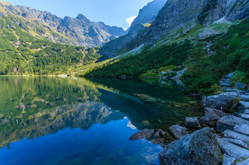 View of Morskie Oko lake in summer, Tatra Mountains, Poland