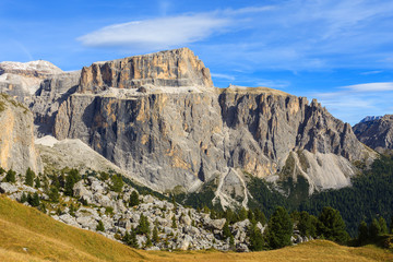 Autumn scenery on hiking trail in Dolomites Mountains, Italy