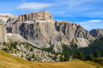Autumn scenery on hiking trail in Dolomites Mountains, Italy
