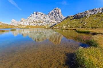 Fototapeta na wymiar Beautiful lake in Tre Cime National Park, Dolomites Mountains