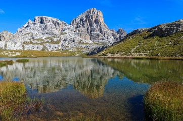 Naklejka na ściany i meble Beautiful lake in Tre Cime National Park, Dolomites Mountains