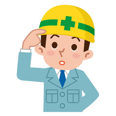 考える若い男性　ヘルメット　作業着