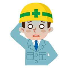 失敗して顔色が悪い若い男性　ヘルメット　作業着