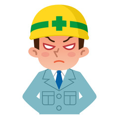 怒っている若い男性　ヘルメット　作業着
