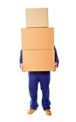 Man with stacked boxes.