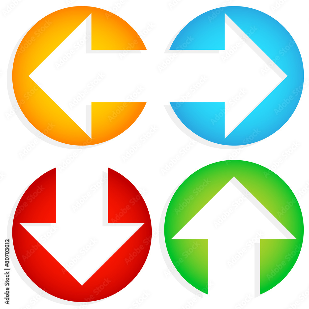 Poster set of colorful left-right, up-down arrows cut in circles