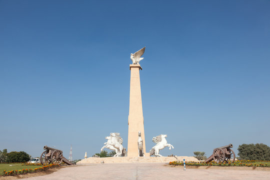 Statue with falcon and horses in Umm Al Quwain, UAE