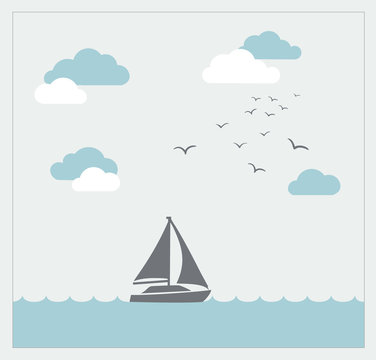 Vector card with sailboat and clouds