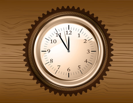 Vector analog clock on wooden background