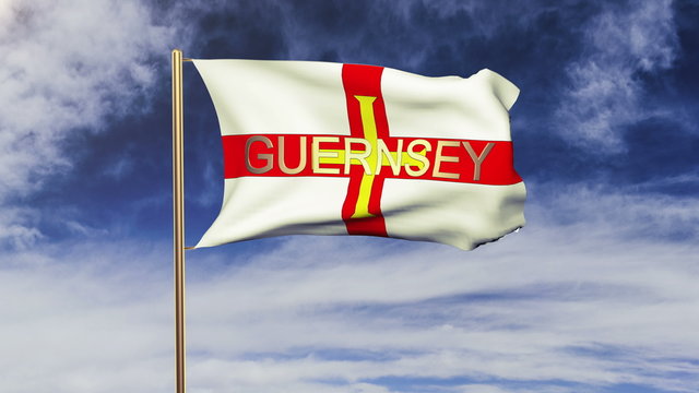 Guernsey flag with title waving in the wind. Looping sun rises