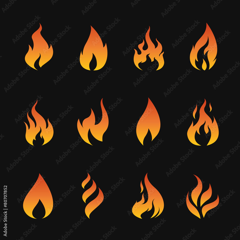 Wall mural Vector set of flame symbols on black background